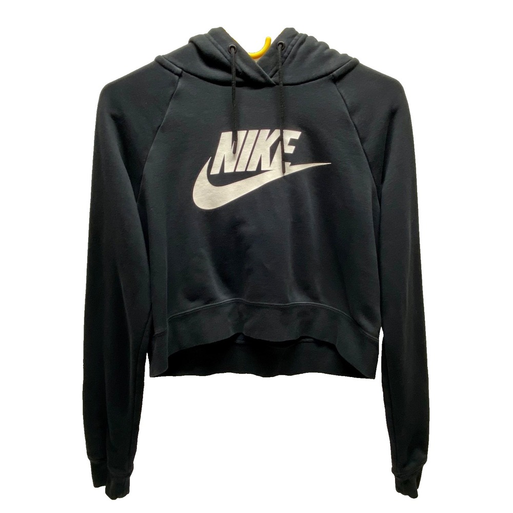 Nike Cropped Hoodie Women's Small Black Essentials White Swoosh Activewear Top‎